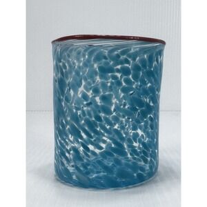 Vintage Hand Blown Art Glass Confetti Blue Pink Rim Tumbler Glass Vase Signed